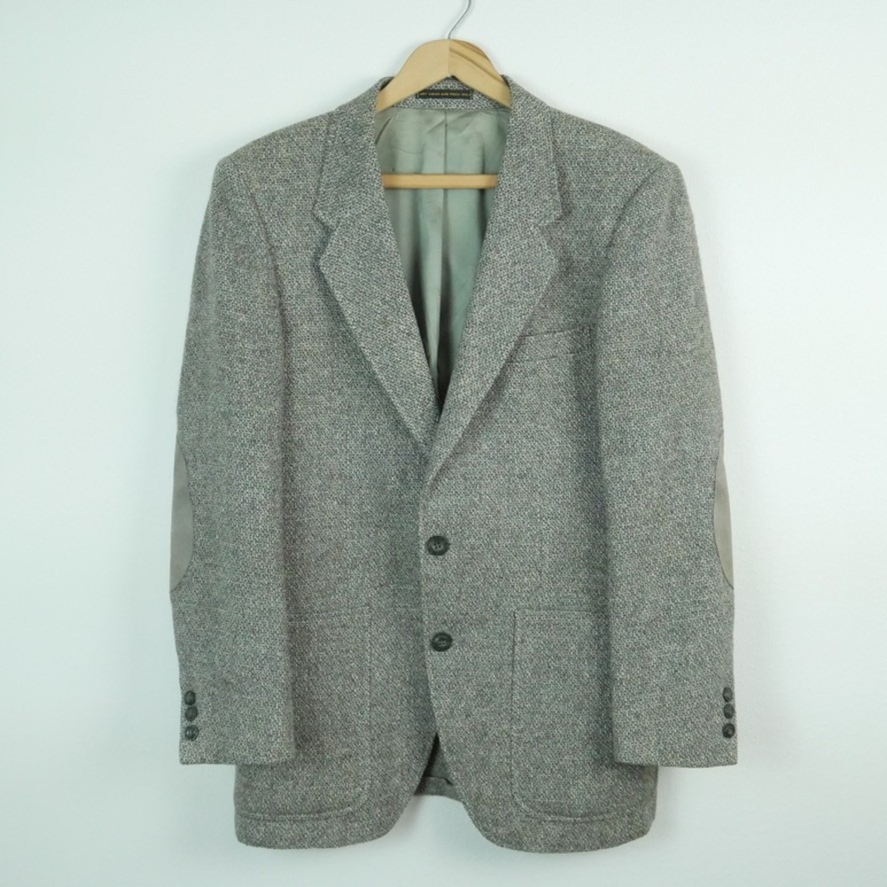 Vintage Grey Tweed Virgin Wool Blazer Elbow Patch 38S Academia Collegiate Preppy